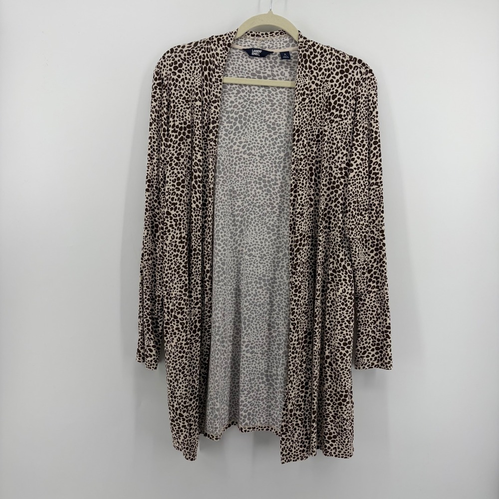 Lands End Cardigan Leopard Print Tan Womens Small 6-8 Longline Open Front Pocket
